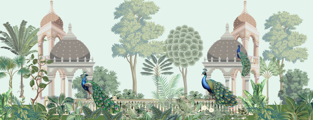 Mughal wall Mural Illustration, Mughal Garden Illustration, Peacock, Arch, Mughal Dome. © Sharif