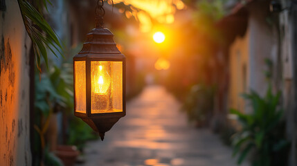 Vintage lantern illuminates narrow street at sunset