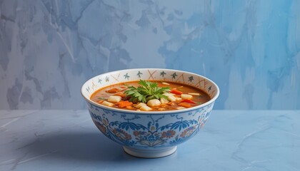 Delicious soup served in a decorative bowl.