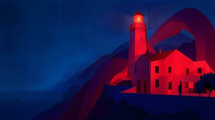 wrapped around a digital lighthouse glowing red