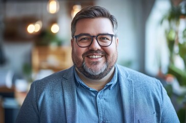 Close-up of a smiling chubby white man dressed in business casual
