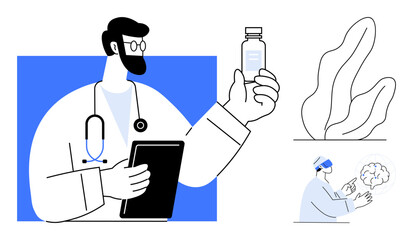 Doctor holding a tablet, examining a medicine bottle, futuristic AI analyzing brain. Ideal for innovation, healthcare, medical research, pharmacy, science, technology artificial intelligence simple