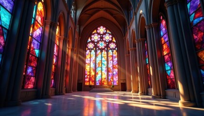Modern church architecture, stained glass detail, interior, modern, religious building