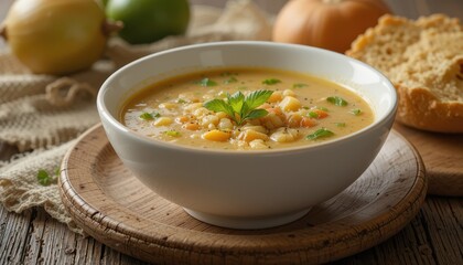 Creamy, autumnal vegetable soup in a white bowl.