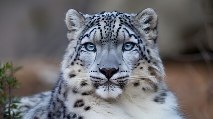 Naklejka premium A stunning portrait of a snow leopard with piercing blue eyes, captivating viewers. This majestic creature exudes a sense of power and beauty.