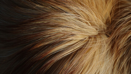 Close-up of dog fur, highlighting the intricate blending of colors and natural hair pattern with soft shadows.