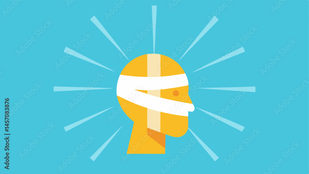 Poster bandaged mind an illustration of a head with bandages wrapped around it. bright rays of light are em