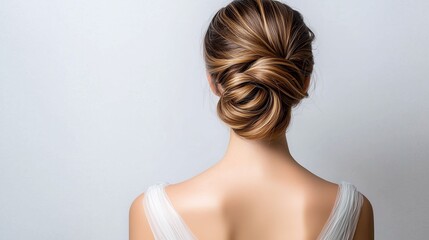 Fototapeta premium A serene image showcasing the back of a woman with elegantly styled hair, wearing a delicate outfit, set against a minimalistic background.