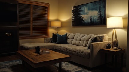 A warmly lit modern living room interior featuring comfortable furniture
