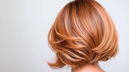 Naklejka premium A stylish, angled bob haircut with warm, golden undertones, showcasing soft, wavy layers that add volume and movement.