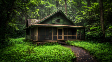 Secluded green cabin in misty forest; path leads to entrance; lush vegetation surrounds; ideal for travel, nature, and tranquility imagery