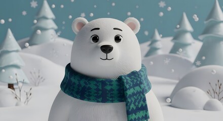 Cute Cartoon Polar Bear Wearing Scarf in Winter Landscape Scene