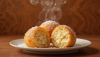 Three fried risotto balls steaming on a plate.