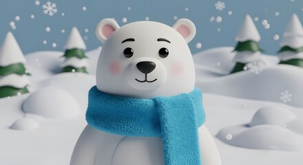 Cartoon Polar Bear in Winter Wonderland Scene with Snowfall and Trees