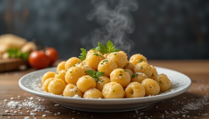 Delicious, steaming, golden dumplings piled high on a plate.