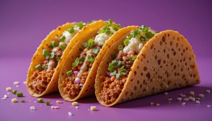 Three tacos on a purple surface, close-up view.