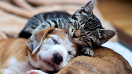 Obraz premium A sleeping kitten resting on top of a sleeping puppy, embracing each other with comfort and warmth