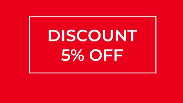 White discount offer 5 with various frame and line animations appears on a bright red background, ideal for promotional videos and marketing campaigns, minimalist design