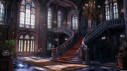 Fototapeta premium Lavish castle-like residence featuring grand staircases, ornate stained-glass windows, and tall chimneys bathed in diffused sunlight wide-angle frontal view. 