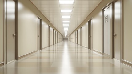 Long corridor in an office building smooth surfaces bright lighting neutral tones professional and clean atmosphere.  