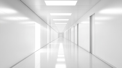 Fototapeta premium Long corridor in an office building smooth surfaces bright lighting neutral tones professional and clean atmosphere. 