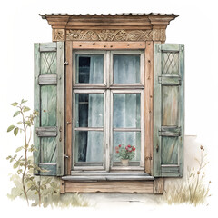Obraz premium Watercolor old window clipart architecture isolated on transparent background