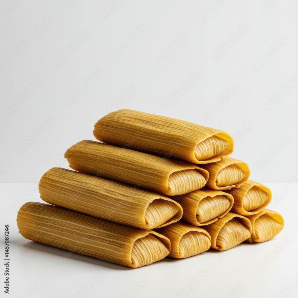 Poster a stack of tamales arranged in a pyramid shape against a plain white background in a studio shot