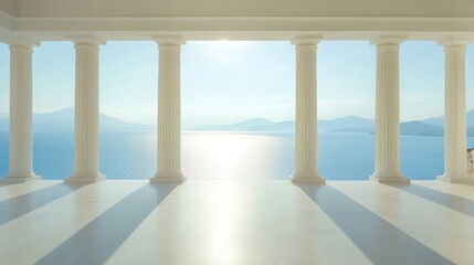 Elegant colonnaded patio overlooking tranquil sea and mountains