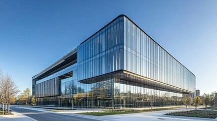 Obraz premium Low-angle view of a sleek modern building with reflective glass facade sharp lines vibrant blue sky clean urban aesthetic. 