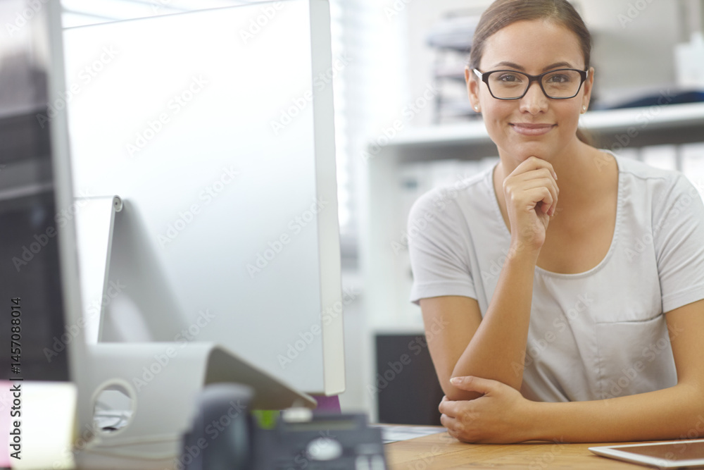 Poster Administration, computer and portrait with business woman at desk in office for web development. Creative, desktop and smile with happy designer in professional workplace for project management