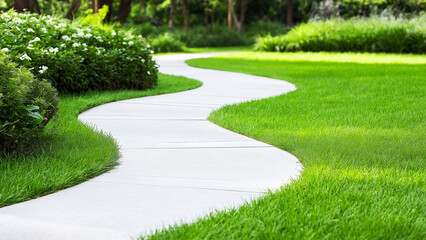 Winding concrete pathway through lush green garden with vibrant grass