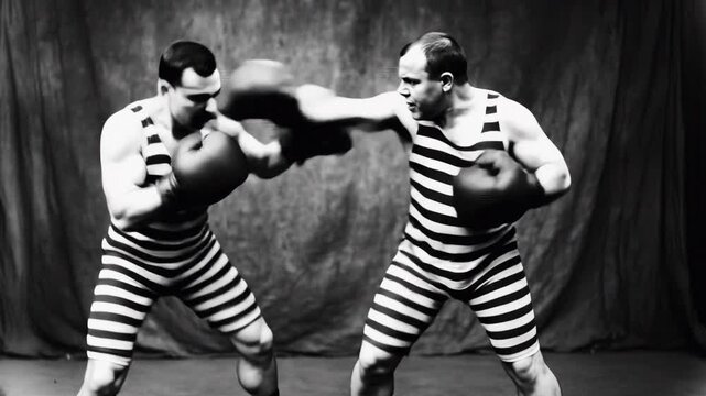 Vintage B&W footage: Two boxers in classic 19th-century striped attire and gloves spar energetically. Retro circus strongman aesthetic.