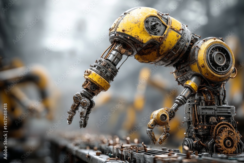 Poster close-up of automated assembly line arm in yellow and metallic tones performing precise manufacturin