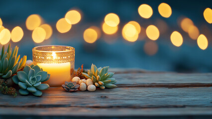 Cozy candlelight with succulents on rustic wooden table illuminated by warm bokeh