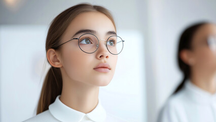 Thoughtful teenage woman female wearing glasses with pensive expression in soft focus