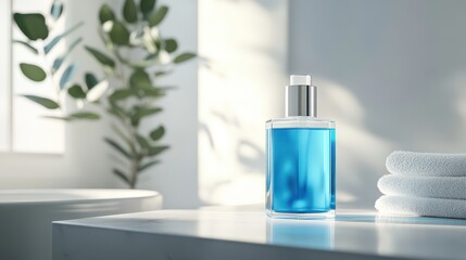Modern mouthwash bottle with blue liquid on a bathroom counter in soft natural light and minimalist clean design