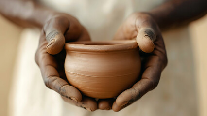 Closeup of pottery in hands of African adult male man artisan