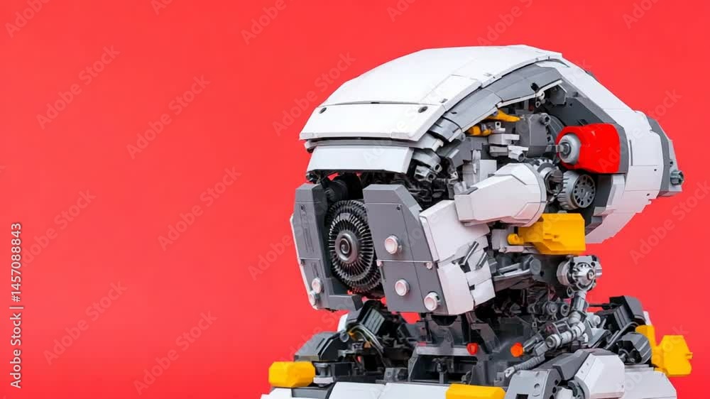 Poster futuristic robot head with exposed mechanical components against a bright red background for technol