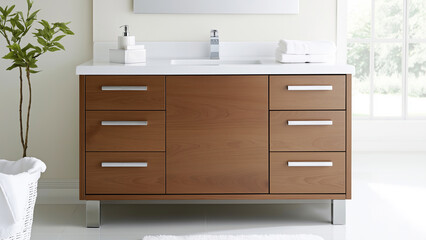 Modern wooden bathroom vanity with sleek design in bright minimalist setting