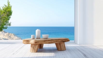 Minimalist coastal living room with ocean view and wooden table decor