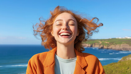 Joyful young female woman enjoying ocean breeze outdoors