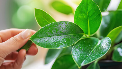 Closeup of hand holding glossy green plant leaves with water droplets