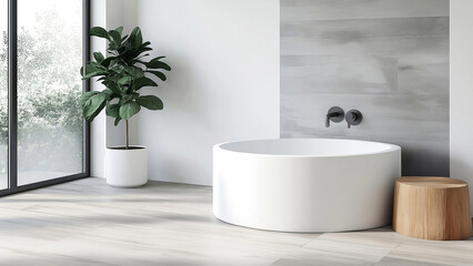 Modern bathroom with minimalist round tub and large window view