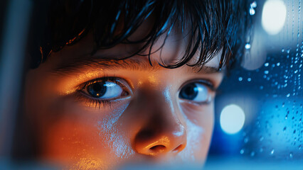 Reflective young caucasian child gazing through rain soaked window at night