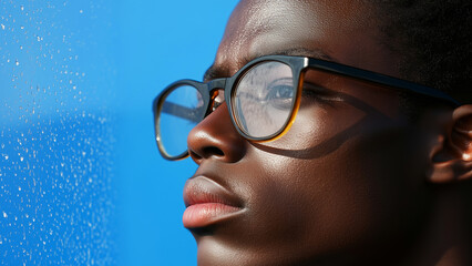 Thoughtful young African man in glasses against blue background