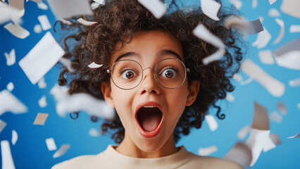 Surprised young female girl with curly hair and glasses amidst falling papers