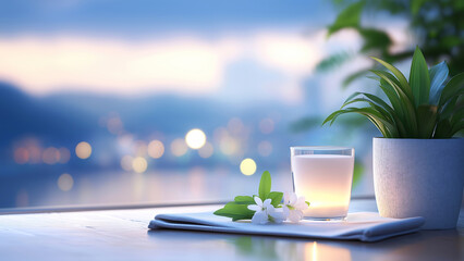 Serene evening scene with candle, flowers, and plants on a table