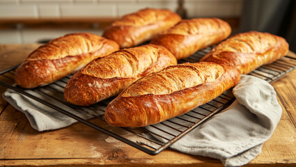 Freshly baked golden baguettes cooling on rustic kitchen table