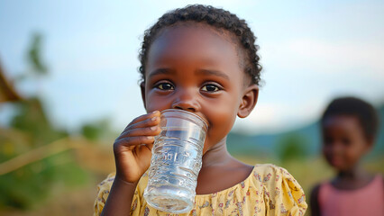 African child kid girl drinking water from glass outdoors