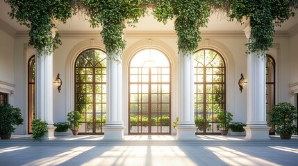 Fototapeta premium Luxurious boarding school with tall arched windows ornate columns and ivy-covered walls set against a pure white background soft natural lighting front-facing wide-angle view. 